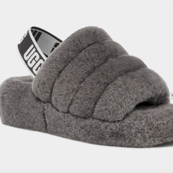 UGG Kids Fluff Yeah Slides- Charcoal Grey - Picture 2 of 3